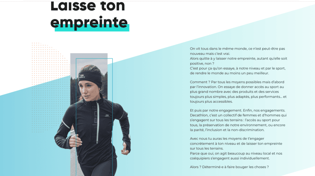 Site carrière Décathlon avec navigation par fiches métiers et vocabulaire sportif