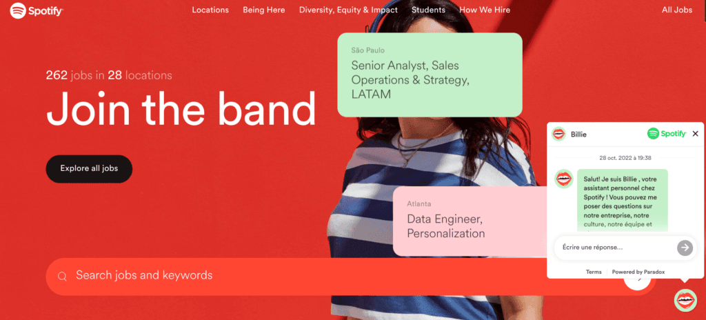 Page carrière de Spotify avec barre de recherche et chatbot