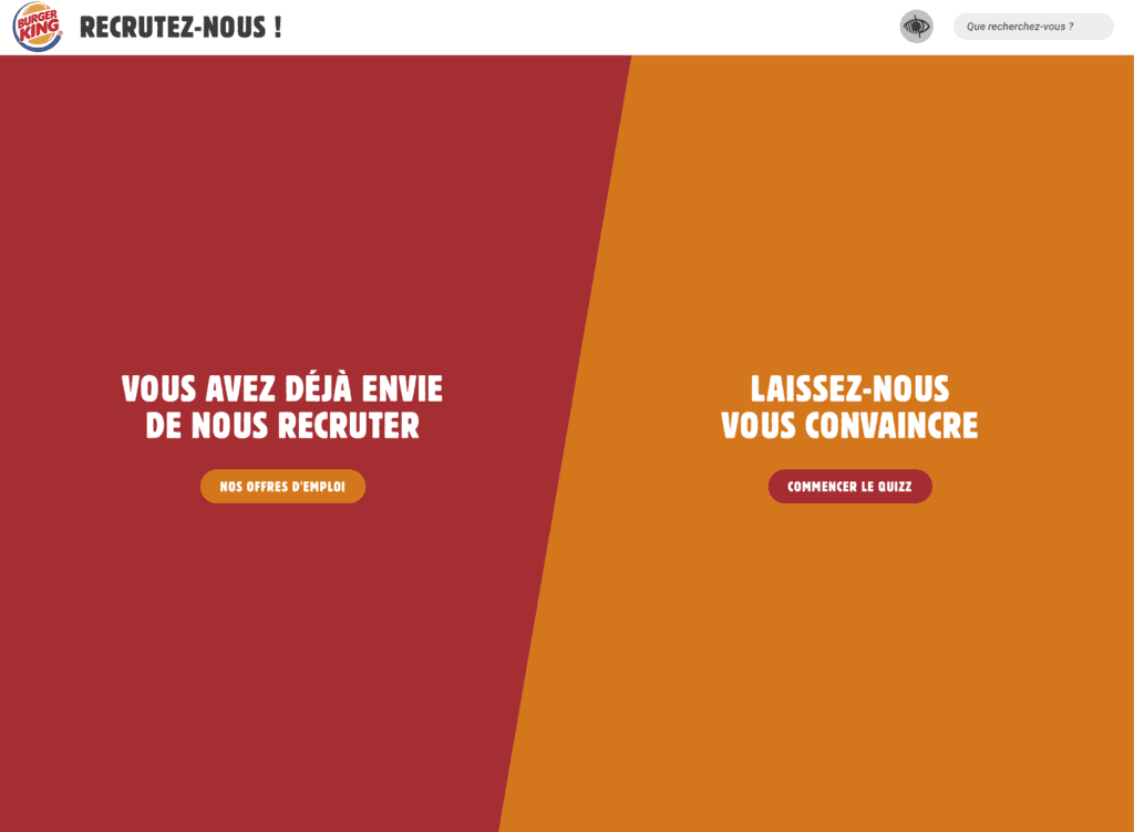 Page d'accueil du site carrière Burger King proposant un quiz d'orientation gamifié ou un accès direct aux offres