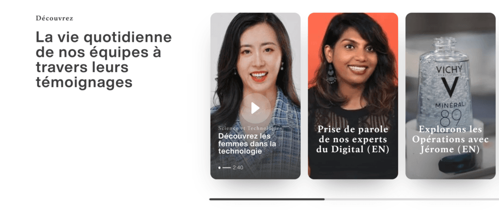 L'Oréal career page with employee video testimonials about innovation and inclusion